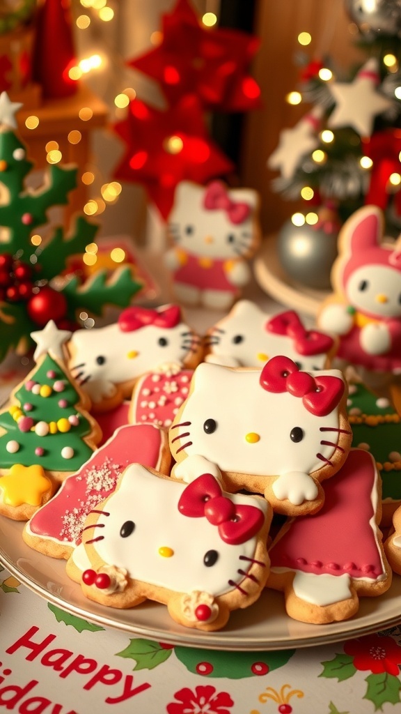 A variety of Sanrio Christmas cookies decorated with icing and sprinkles on a festive platter.